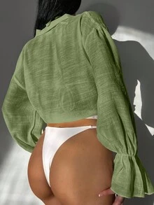 Swim Vcay 夏季海滩纯色系带荷叶边袖和服，无胸罩，绿色衬衫系带上衣 - 軍綠色 - 查看 2