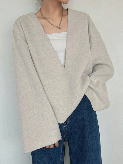 FRIFUL 女式纯色落肩长袖宽松 V 领休闲百搭分层夹克，秋季羊毛面料，秋季