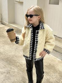 Young Girl Patchwork Houndstooth Long Sleeve Fleece Beige Jacket, Autumn/Winter - Beige - View 1
