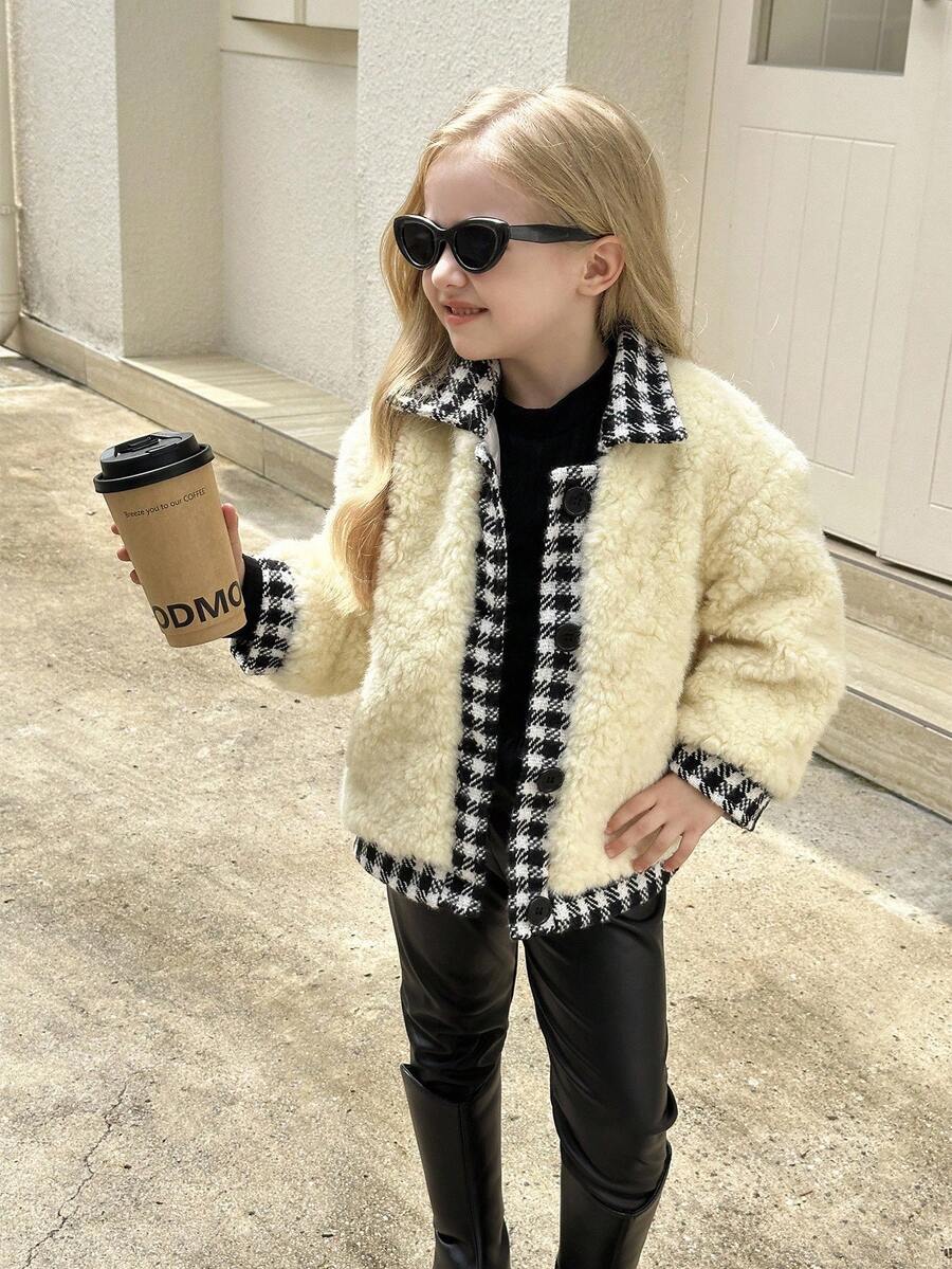 Young Girl Patchwork Houndstooth Long Sleeve Fleece Beige Jacket, Autumn/Winter - Beige - View 1