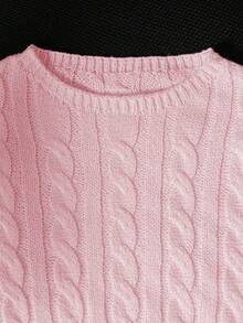 SHEIN Genkimix Kids Tween Girl 1 Piece Round Neck Minimalist Cable Knit Cropped Top For School & Casual Wear, Spring/Fall Cute Sweater - Pink - View 7