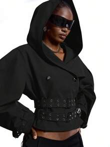 LYSMO 2025新款极简主义秋季女式黑色时尚夸张设计超大连帽长袖夹克飞行员夹克，适合万圣节装扮、商务休闲、返校季、Y2K风格、街头哥特风披风等场合，温暖舒适，适合秋冬季穿着。 - 黑色 - 查看 3