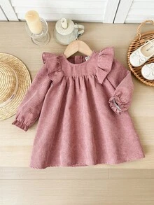 SHEIN Baby Girl Cute Corduroy Loose Ruffled Hem Pink Long Sleeve Dress Fall Winter - Pink - View 5