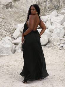 MUSERA 加大码露背飘逸长裙，可爱夏日度假优雅高贵场合假日装扮，性感曲线，派对狂欢长裙 - 黑色 - 查看 4