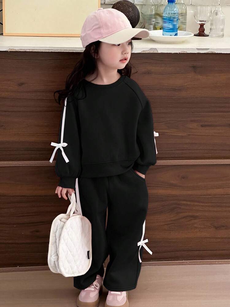 2pcs/Set Young Girls Round Neck Knitted Sweatshirt Set, Fall
