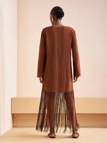 Zivah 2025夏早秋新款洋气游牧风生日派对毕业季学院风日常出游基础百搭休闲度假邮轮旅行沙滩海边日光浴流行街头风休闲优雅通勤派对深V领长袖长流苏下摆装饰连衣裙-A - 棕色 - 查看 2