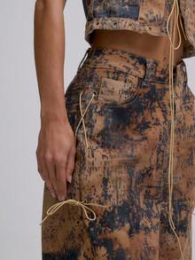 MUSERA 低腰系带阔腿牛仔奶牛纹牛仔裤，仅限夏季节日度假可爱性感牛仔女郎春季伊比沙岛西部乡村音乐会锐舞派对时尚 - 棕色 - 查看 5