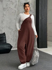 SHEIN EZwear 大码灰色弹力羊毛罗纹背带裤，秋冬 - 棕色 - 查看 6