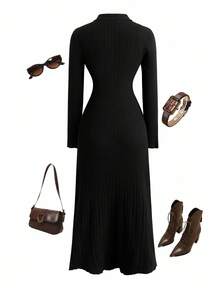 SHEIN Clasi Plus Size Solid Color Fitted Elegant Long Sleeve Sweater Dress - Black - View 2