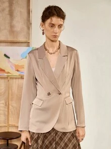 Florisole 女式纯色翻领长袖优雅西装外套，秋季 - 杏色 - 查看 5