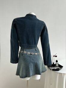 Elamini 休闲百搭长袖短款女式牛仔夹克 - 深色水洗藍 - 查看 2