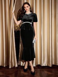 Vintamour Vintage elegante Damen Bluse mit Samt-Patchwork, Perlen, Pailletten, Laternärmeln, Rüschensaum, für Arbeit, Urlaub, Party, Halloween-Kostüm, Weihnachtsfeier, elegante Damen Blusen - Schwarz - Übersicht 6
