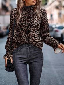 EMERY ROSE 女式豹纹宽松立领长袖衬衫 - 彩色 - 查看 4