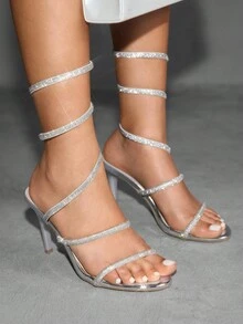 CUCCOO SZL Pointed Toe Stiletto Rhinestone Embellished Sexy Women's High Heel Sandals - Silver - View 1
