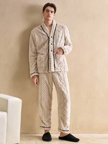 EverLounge 男士撞色滚边纽扣前开襟法兰绒家居服睡衣套装，秋冬装，蓬松舒适 - 彩色 - 查看 6