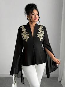 Elenzga 加大码优雅法式刺绣装饰纯色长袖衬衫，适合派对穿着 - 黑色 - 查看 4