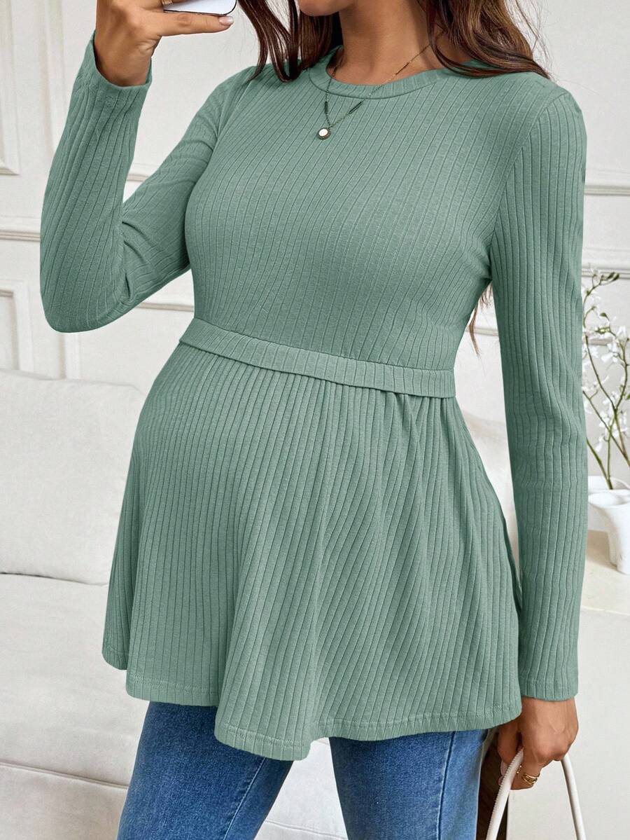 SHEIN Áo thun trơn cổ tròn tay dài dáng rộng cho bà bầu - màu xanh lá - Xem 1