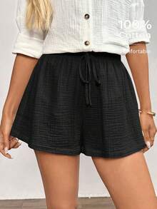 SHEIN LUNE Women's Casual Comfortable Cotton Elastic Waist Shorts, Suitable For Daily Leisure And Retro Outfits, Summer - Black - View 7