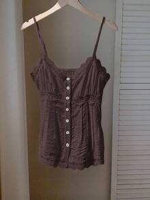 Comfortcana Camiseta de tirantes de talla grande de unicolor de verano con contraste de encaje y botones delanteros - Marrón - Ver 7