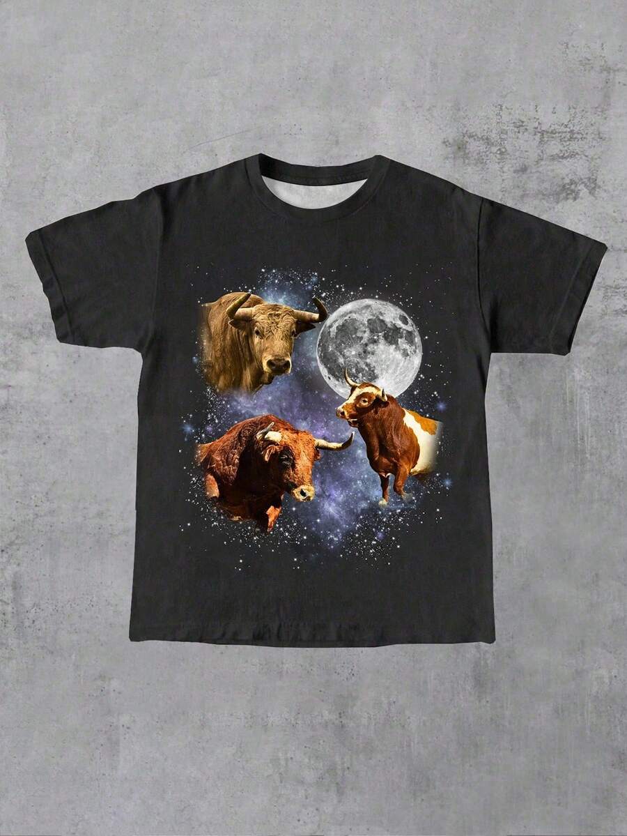 Manfinity Dauomo 热销街头潮流复古科幻宇宙奶牛印花男士圆领T恤 - 彩色 - 查看 1