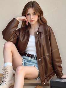 SHEIN 少女休闲百搭复古街头棕色皮夹克，翻领设计，适合上学、通勤、旅行等场合，可搭配长袖毛衣、背心、连帽衫、裤子、牛仔裤、运动裤等，秋冬季穿着舒适。 - 棕色 - 查看 3