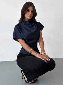 Firerie Crinkle Collar Asymmetrical Sleeve Side Ruched Cinched Waist Commuter Apricot Bamboo Fiber Linen Blouse For Women, All Season - Navy Blue - View 2