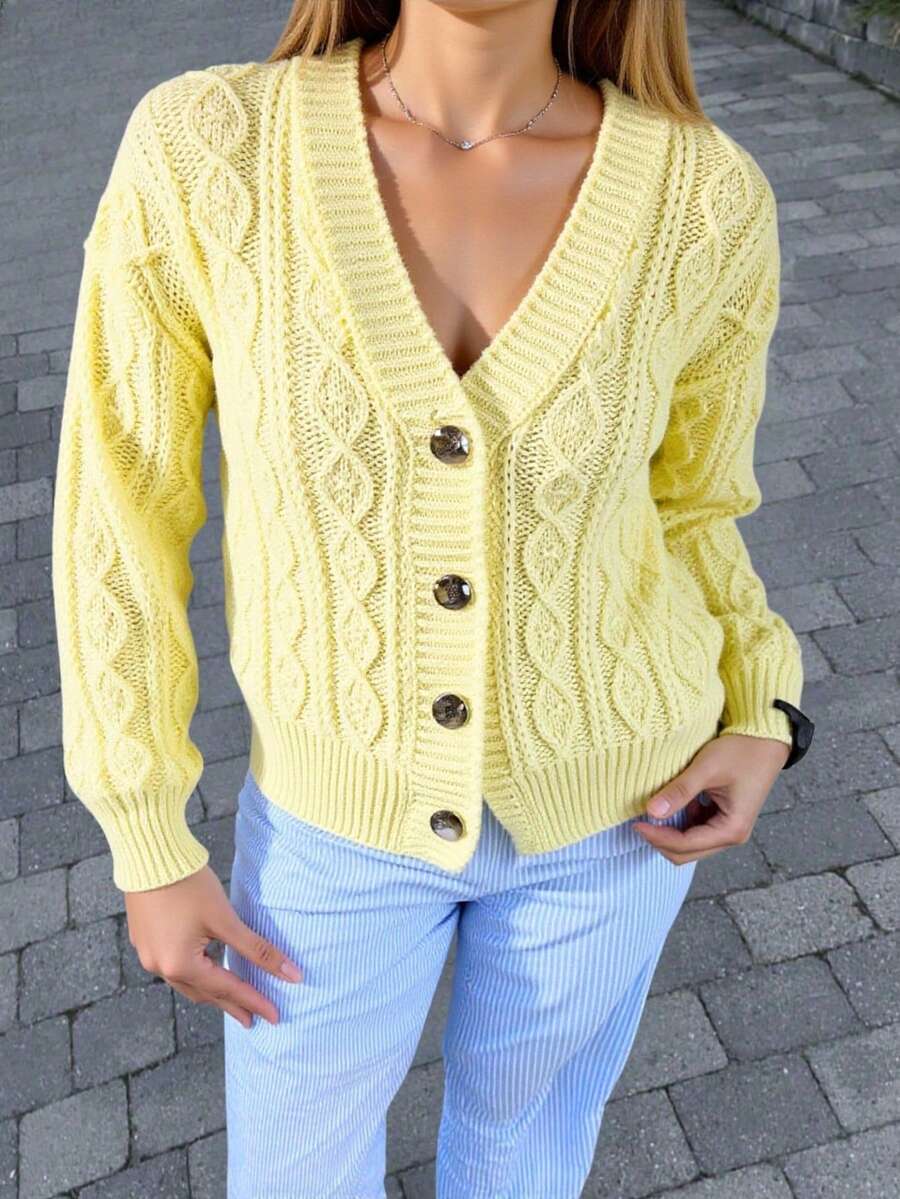 CLARA VERO Deep V-Neck Cropped Cable Knit Cardigan With Ribbed Shawl Collar And Glossy Button Closure Yellow Cardigan Women Button Up Cardigan Knitted Cardigan Womens Cardigan,Cardigans,Long Cardigans Woman,Petite,Tall - Yellow - View 1