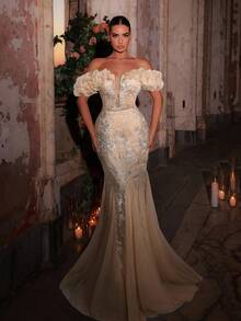 Glamrae Elegant Light Blue Luxurious Fully Beaded Embroidered Off-Shoulder Mesh Ruffle Nude Lining Sheer Mermaid Maxi Dress With Adjustable Back Tie, Suitable For Dates, Vacations, Parties, Weddings, Formal Events - Champagne - View 3