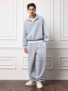 SUMWON Regular Quarter Zip High Neck Sweatshirt Co-Ord Set With Straight Leg Sweatpants Loungewear Streetwear Winter Casual Outfit - Grey - View 8