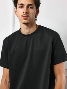 SUMWON Textured Ribbed Slim Fit Crew Neck Short Sleeve T-Shirt Casual Summer Lightweight Basic Minimalist Urban Street Style Plain - Black - View 3