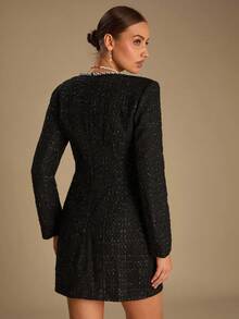 Enchnt Abito mini elegante e raffinato da donna, con scollo quadrato, maniche lunghe, in tweed di filato romantico nero, impreziosito da perle e strass luccicanti, adatto per feste, appuntamenti, vacanze, lauree, ufficio, uscite, Ognissanti e Natale. È una scelta ideale per abiti, completi e outfit autunnali, nonché per il carnevale e il Capodanno.