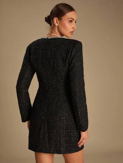 Enchnt Romantic Autumn/Winter Women's Black Fancy Yarn Tweed Square Neck Long-Sleeved Mini Dress With Sparkling Pearl And Rhinestone Embellishments Is Stylish And Elegant, Suitable For Parties, Dates, Holidays, Graduations, The Office, Outings, Halloween, And Christmas. It Is An Ideal Choice For Women's Autumn Dresses, Autumn Outfits, Autumn Suits, Carnival And New Year's Wear.