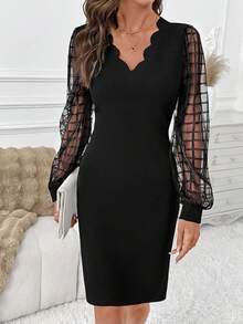 SHEIN Clasi Mesh Patchwork Elegant Commuter Versatile Black Mini Dress With Long Sleeves Fall Clothes For Women Going Out Outfit,Dresses For Women Party