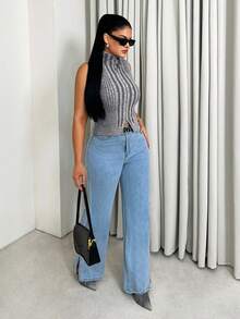 Sirith Women's Sleeveless Turtleneck Sweater Vest With Slit Hem, Gray Melange, Fitted, Sexy, Casual, Street Style, Slim, Ribbed Knit Top - Grey - View 4