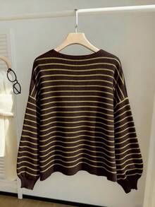 SHEIN EZwear Áo khoác cardigan dáng rộng thắt nơ kẻ sọc thường ngày cỡ lớn cho nữ, mùa thu/đông - màu xanh lá - Xem 2