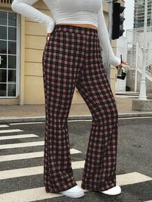SHEIN EZwear Plus Size Plaid Print Elastic Waist Flare Pants/Winter - Brown - View 4