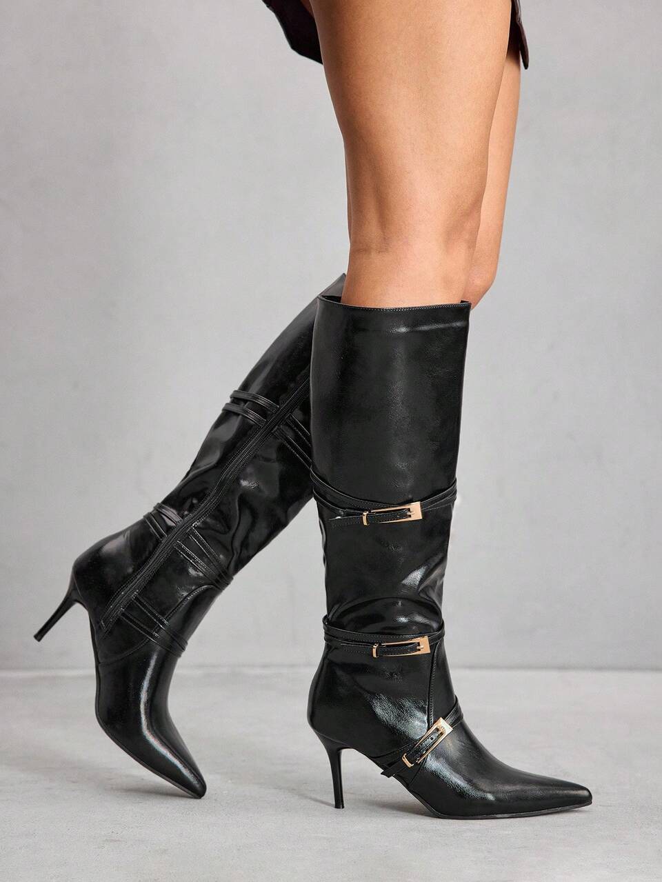 CUCCOO SZL Women's New Winter Black Pointed Toe Stiletto Buckle Strap Fashion Versatile Sexy Slim Thigh High Boots