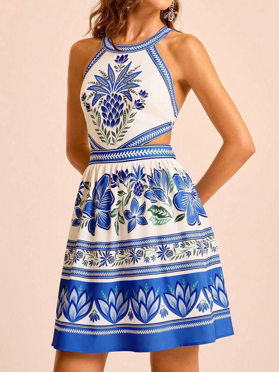 CAJUNI Women's Boho Tropical Floral Print, Sleeveless Tie-Back Backless Mini Dress, Casual Beach Sundress For Summer Vacation - Multicolor - View 1