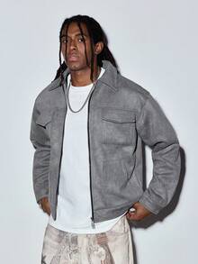 MODCRASH Men Flap Pocket Zip Up Suedette Jacket - Light Grey - View 3