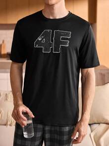 男士舒适休闲短袖睡衣上衣 - 黑色 - 查看 4