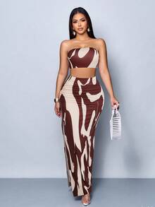 SOLERSUN Damen bedrucktes kurzes Bandeau-Top und figurbetonter Rock mit Seitenschlitz, sexy 2-teiliges Set - Verschiedenfarbig - Übersicht 3