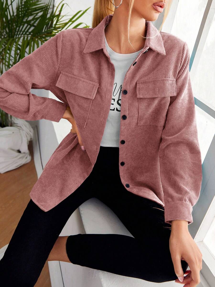 SHEIN LUNE Pocket Front Cord Shirt,Long Sleeve Tops,Casual - Dusty Pink - View 1