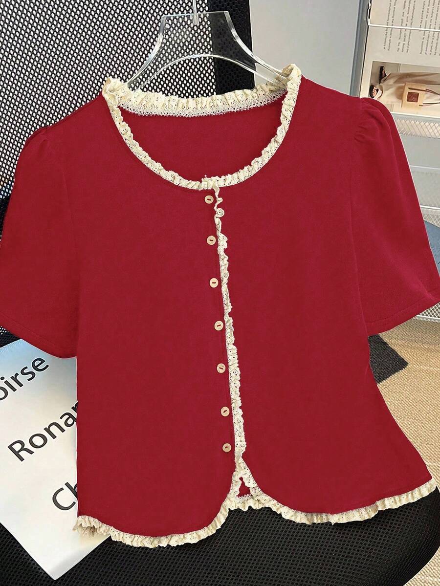 GlowEve Camiseta de manga abullonada con ribete de contraste, casual de verano para mujer - Rojo - Ver 1