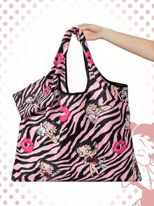 Betty Boop | ROMWE Large Capacity Foldable Tote Bag With Coin Pouch, Portable Shopping Bag - Rose purple - View 5