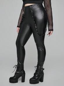 ROMWE Goth 加大码女式哥特式 PU 面料紧身弹力打底裤，可拆卸腰带 - 黑色 - 查看 5