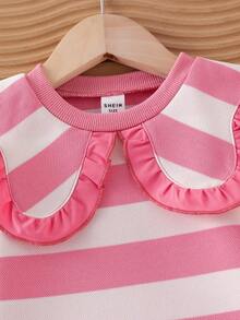 Elladie kids Baby Girls' Pink & White Striped Long Sleeve Dress With Big Collar, Cute Peter Pan Collar Casual Everyday Dress For Toddlers, Autumn/Winter Fall - Pink - View 6