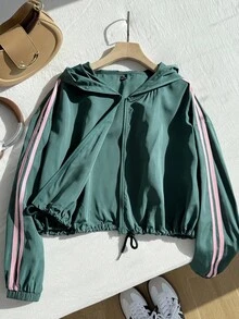 Comfortcana Áo khoác trùm đầu có mũ trùm đầu bằng vải sọc vá ruy băng cỡ lớn dành cho nữ, mùa thu - màu xanh lá - Xem 4