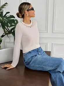 SHEIN Frenchy Áo thun nữ cổ tròn tay dài họa tiết vỏ sò vá - Màu be - Xem 3