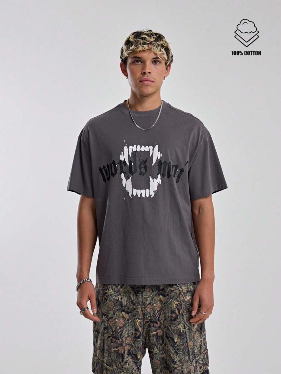 Musero Crew Neck Short Sleeve Drop Shoulder Oversized Graphic Print Tshirt Autumn Winter Essentials - Dark Grey - View 1