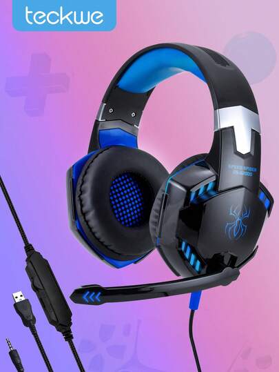 Teckwe Gaming Headphones, Wired Headset, LED Illuminated Cool E-Sports Headphones, Stereo With Microphone, Noise Cancelling Over Ear Headphones For PC/Laptop